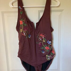 Sundance Brown Floral Embroidered One Piece Swimsuit